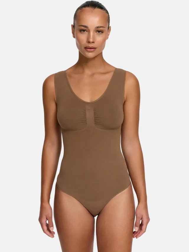 cfab Tanktop bodysuit met corrigerende werking en koordjes - Caramel - S - Corrigerende Body - Naadlos - corrigerend ondergoed dames