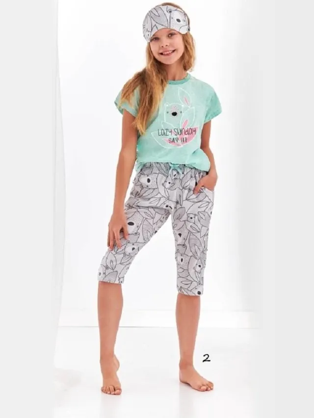 Taro Pyjama Beki met 3/4-broek. Maat: 116 cm / 6 jaar. Mint groen - multi