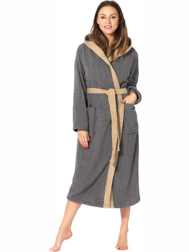 Ladeheid Dames met Capuchon - Wasmachine bestendig - 100% Katoen - Badstof - Donkergrijs/Beige – S – LA-LA40-191-DG