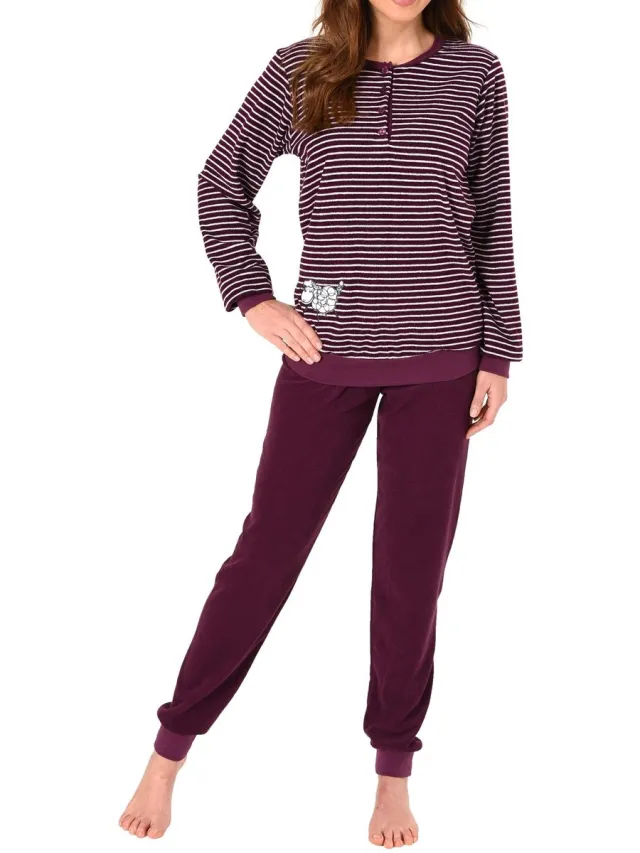 Normann Dames badstof pyjama met lange mouwen, mouwboorden en schattige applicatie - 20 201 13 112 beere
