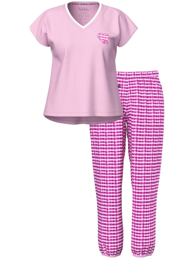 Ulla Popken Dames - Pyjama ruit V-hals korte mouwen - Roze - Maat 54+