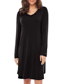 Lady Avenue Bamboo Nightdress With Long Sleeve Beige,Zwart,Grijs,Rood,Blauw,Bruin