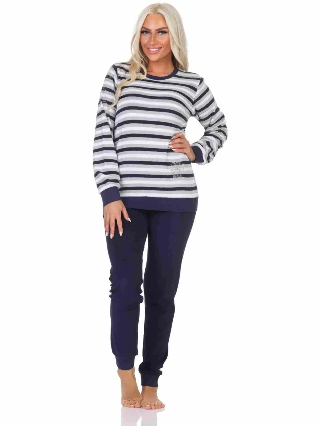 Normann Lange badstof damespyjama's, pyjama's met een gestreepte look en een ijskristalmotief navy