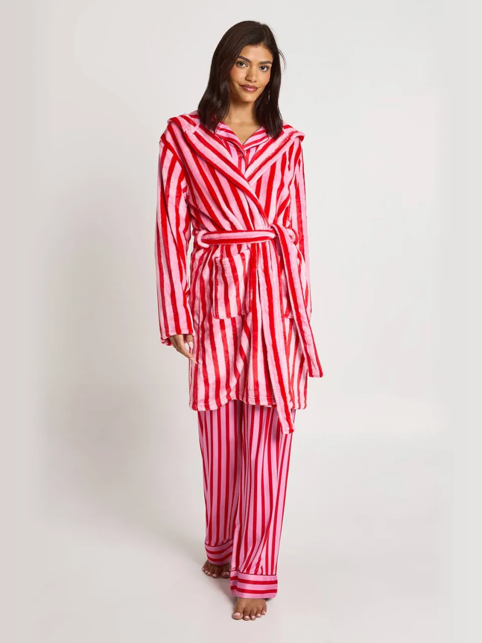 boohoo Dames Dames Bijpassende Familie Snoepstreep Mini Badjas roze, foto 4
