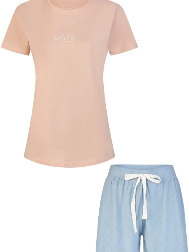 By Louise Dames Korte Pyjama Set Shortama Roze/Blauw Gestipt