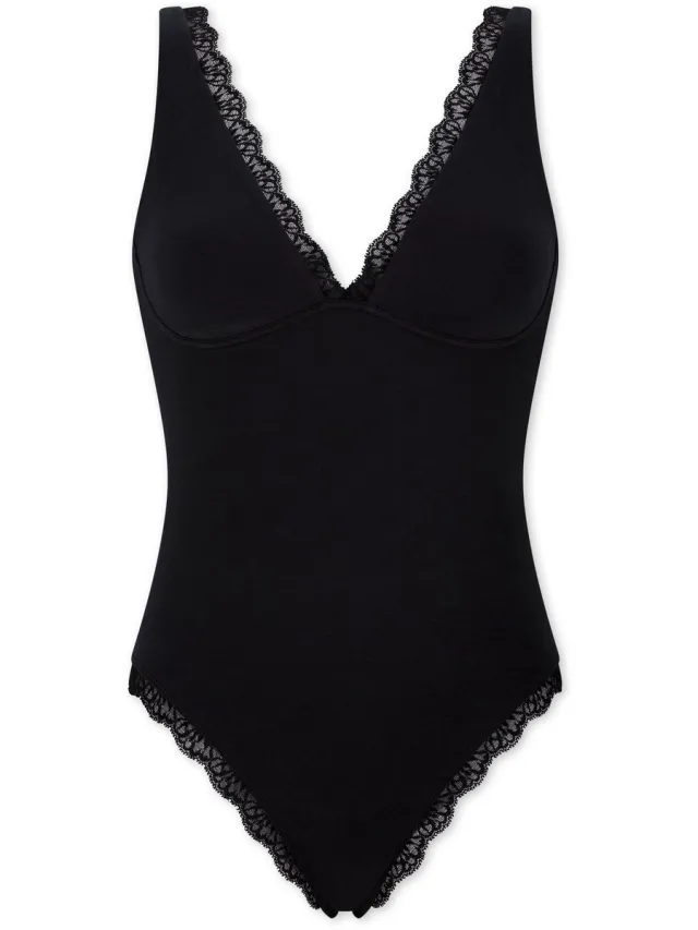 Schiesser dames Unique Cotton zachte BH-romper van kant (1-pack) - body met BH-cups - zwart