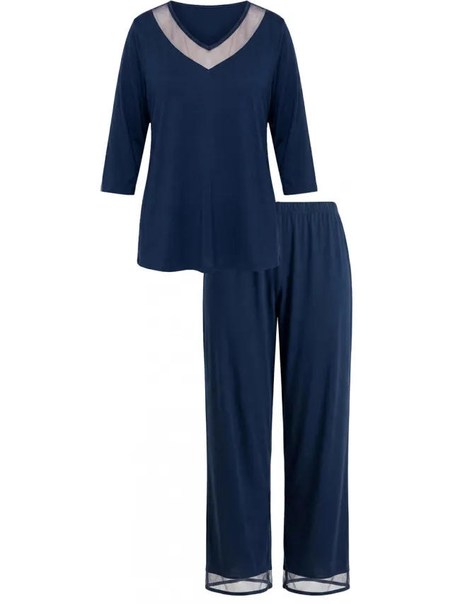 Ulla Popken Dames - Pyjama mesh V-hals 3/4-mouwen - Nachtblauw - Maat 66+