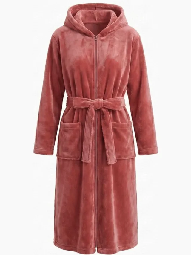 Charlie Choe - Limited Collections Badjas dames - met rits, capuchon en ceintuur - extra lange badjas - zacht en warm fleece - Charlie Choe - koper koper rits