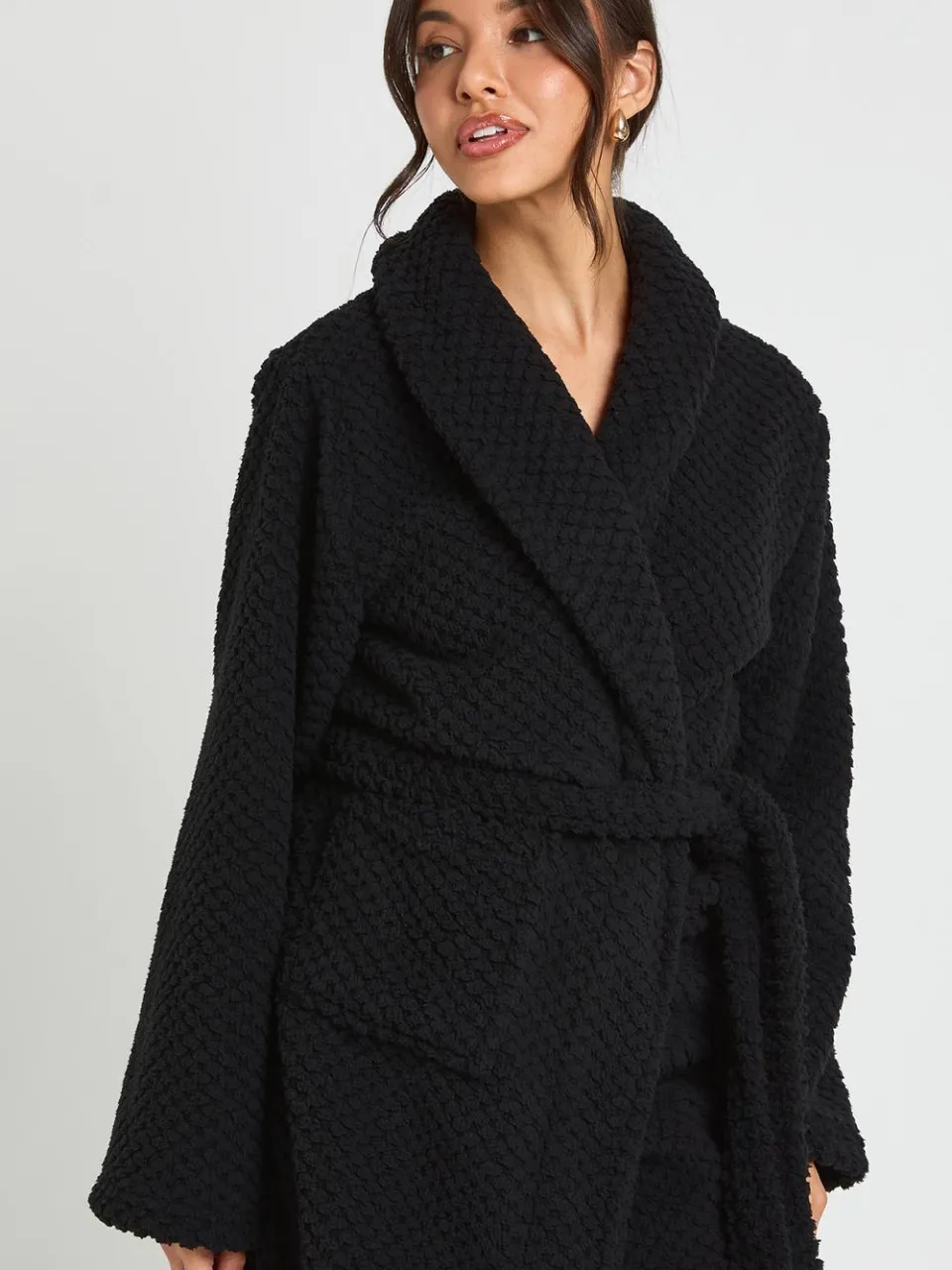 boohoo Dames Lange Wafel Fleece Ochtendjas zwart, foto 3
