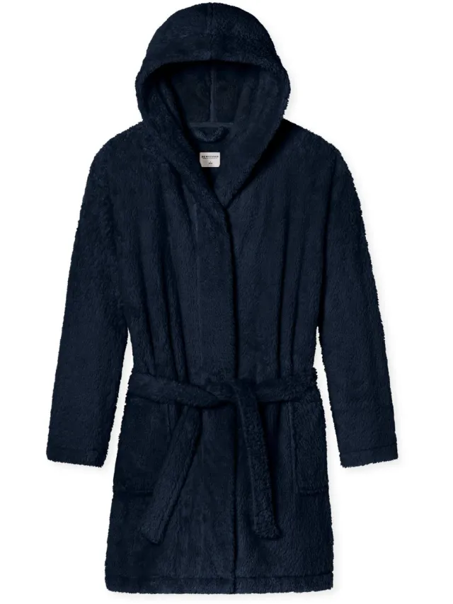 Schiesser Essentials badjas - dames kamerjas teddyfleece comfort fit donkerblauw