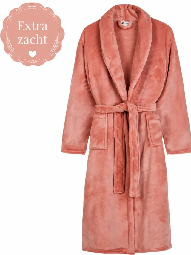 decoware Badjas Roze M/L – Zachte Polyflanel Dames Badjas – Sjaalkraag, Zakken en Riem