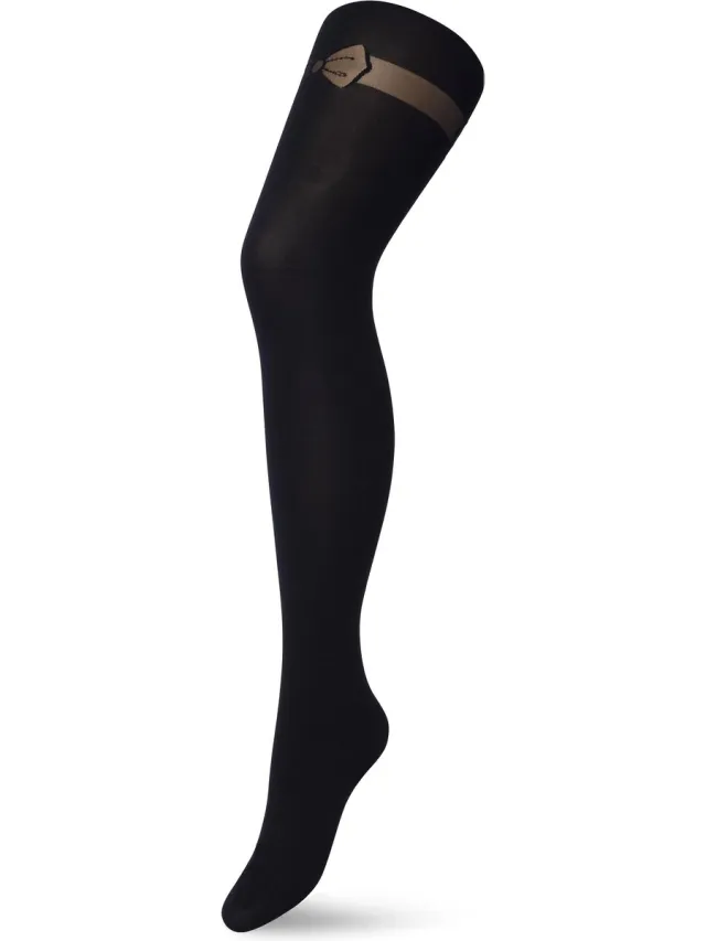 Bonnie Doon Dames Panty 40 Denier met Strik Patroon Zwart - Chique Panty - Strikjes Dessin - Brede Boord - Comfort - Strikken - Strik Print - Little Bows On Top Tights - Feestelijk - Black - BP201901.101