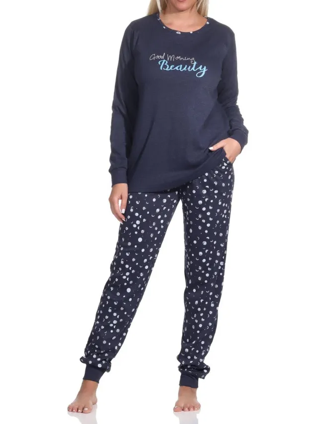 Normann Lange damespyjama met manchetten in knuffel interlock kwaliteit in polka-dot look marine