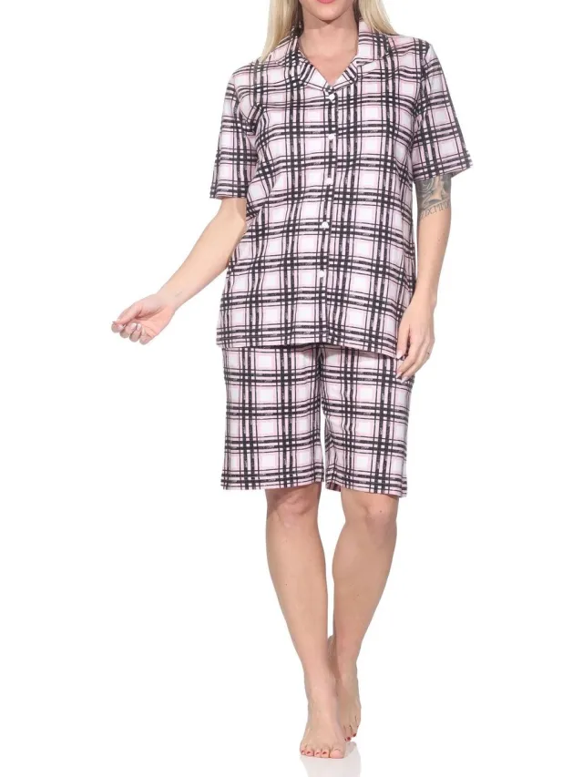 Normann dames pyjama shorty met korte mouwen en doorknoop in ruitlook - ook in grote maten rosa