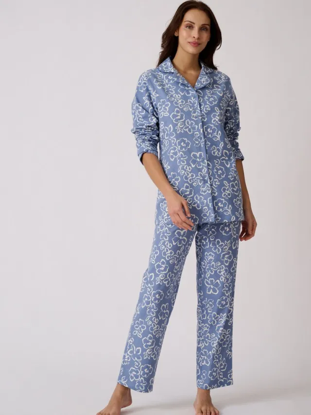 Damart Katoen flanellen pyjama met print - Dames - Blauw - 34-36 (XS)