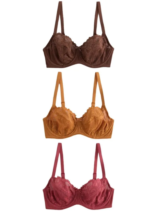 Next Dames - Set van 3 DD+ kanten balkonbeha's zonder vulling - Bruin Burgundy Red/Chocolate/Yellow