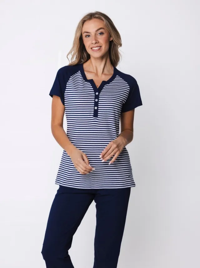Pastunette Pyjama - Midnight Stripes - Bio Katoen - Blauw/Wit - Knoopsluiting