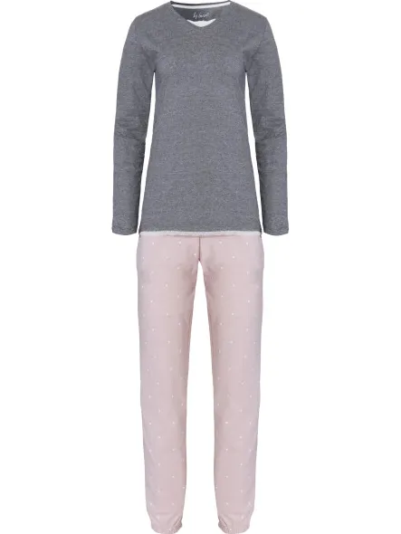 By Louise Dames pyjama set lang katoen grijs / roze Veelkleurig