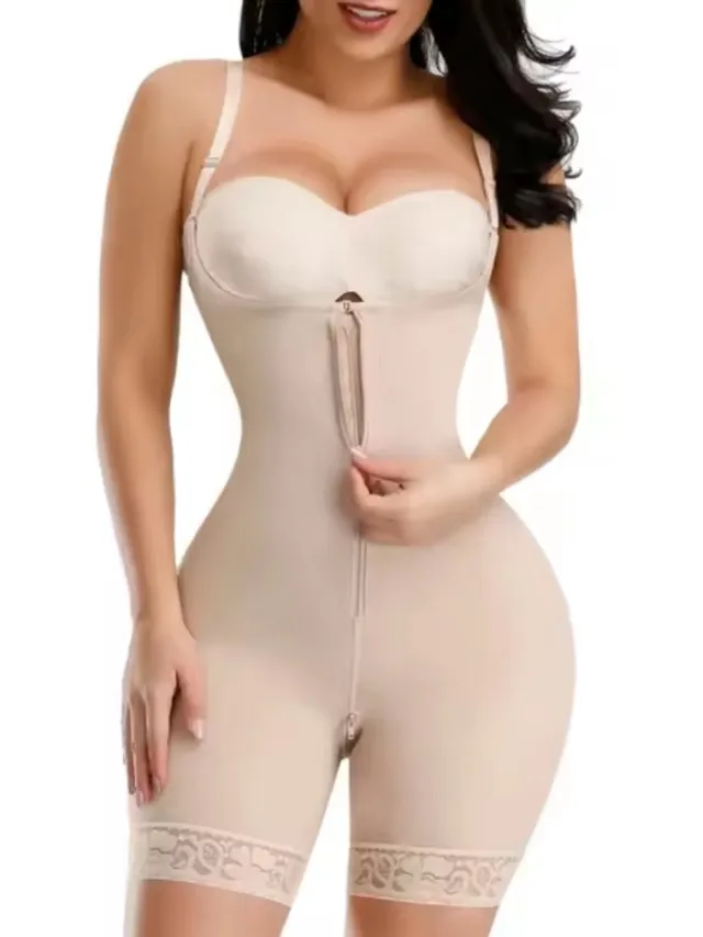 LOUZIR Professionele Body Shaper - Afslank Body - Anti Cellulitis - Corrigerend Vrouwen Ondergoed - Afvallen- met haakjes - met rits - Beige - Corrigerende Body - LOUZIR