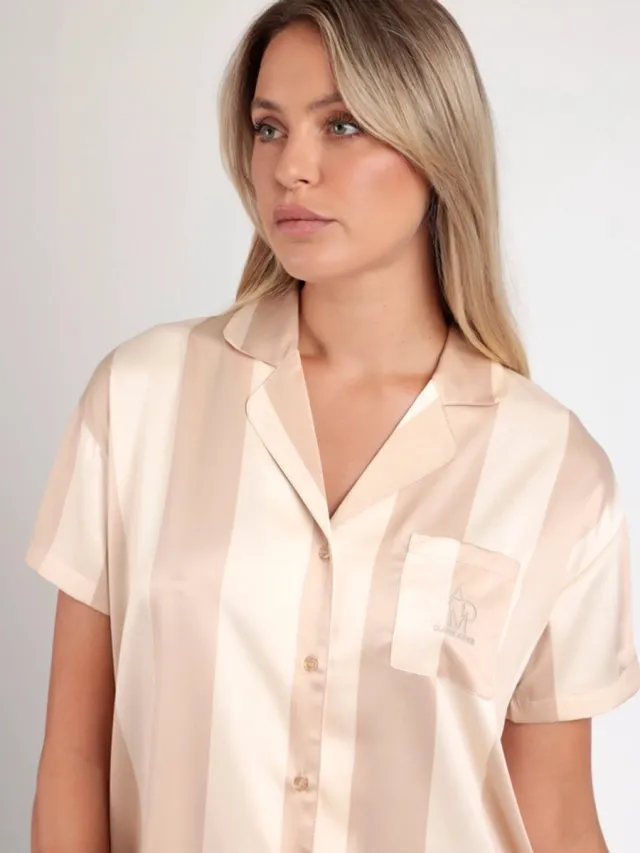 Admas Dames Pyjama Set Satijn Champagne Korte Mouw