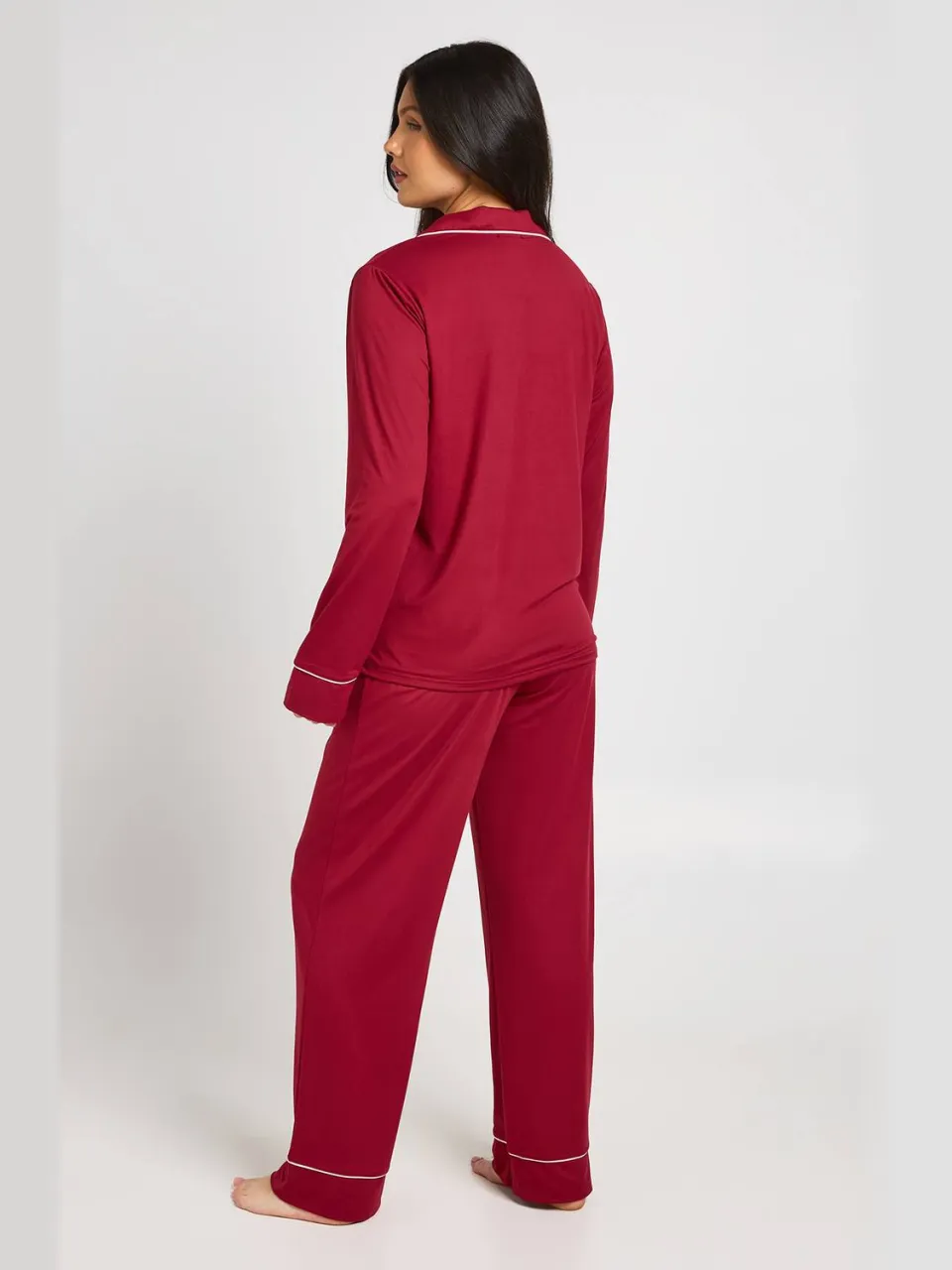 boohoo Dames Zwangerschaps Pyjama Set Met Paspeldetail, Shirt Met Lange Mouwen En Broek bordeaux rood, foto 2