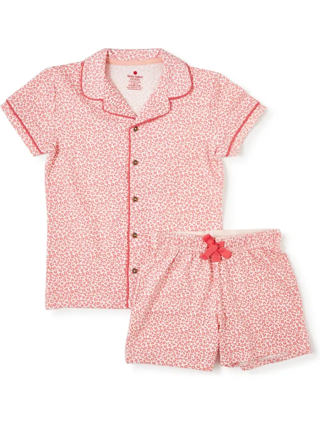 Little Label klassieke zomer pyjama - roze luipaard - bio katoen - 10Y/134-140 roze, off white