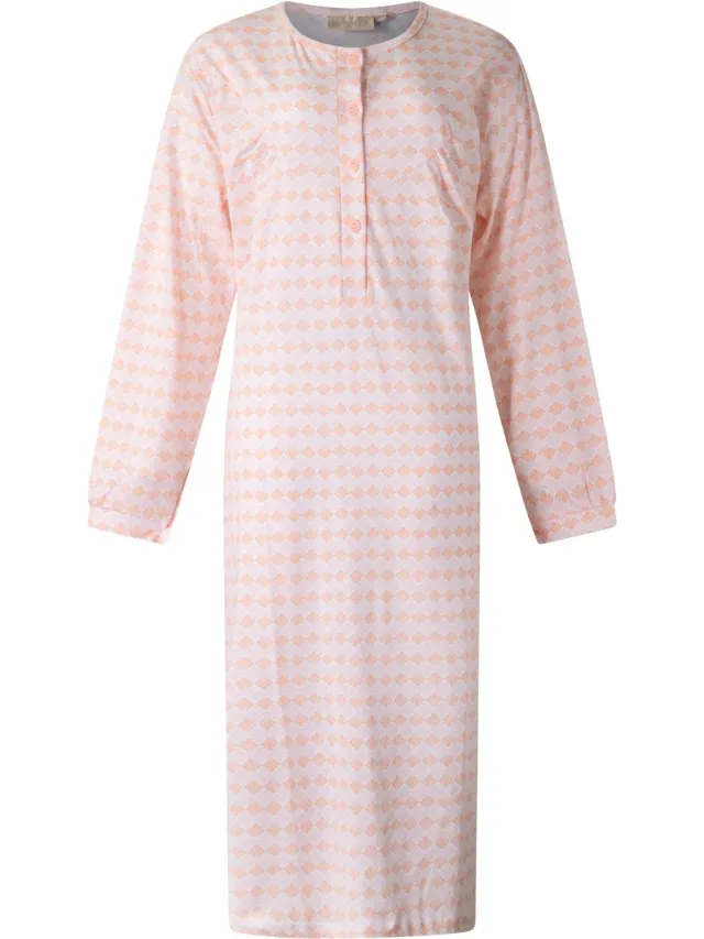 Lunatex dames nachthemd 5027 lange mouw - nachtjapon van 100% katoen - peach met print