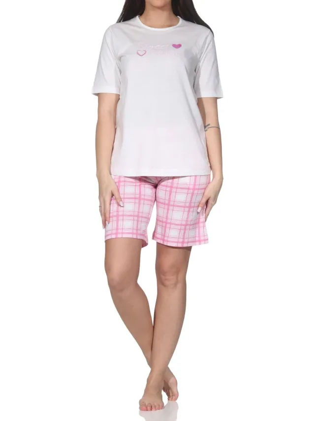 Normann damespyjama shorty met geruite jersey pyjamabroek - ook in grote maten creme