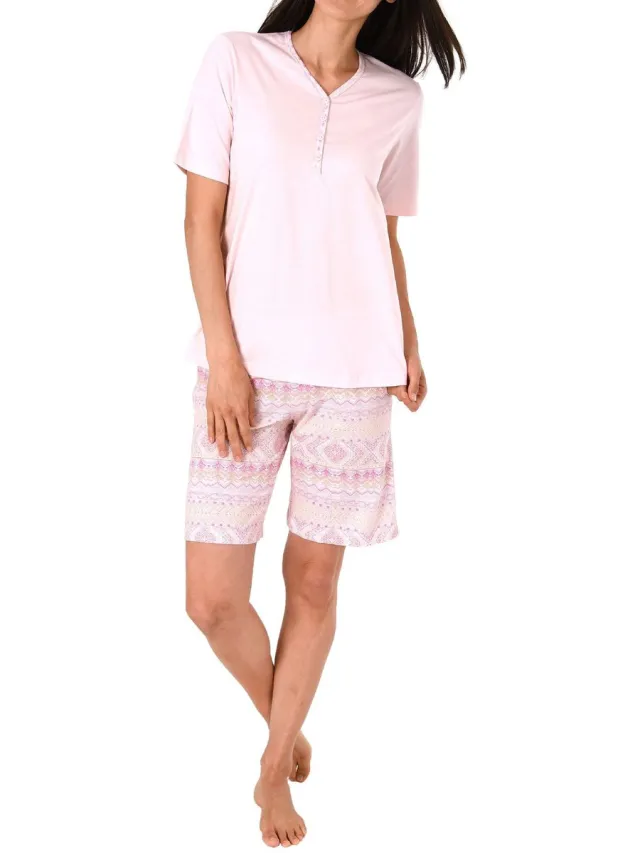 Normann dames pyjama shorty met korte mouwen in Ethnolook - Ook in oversizes rosa