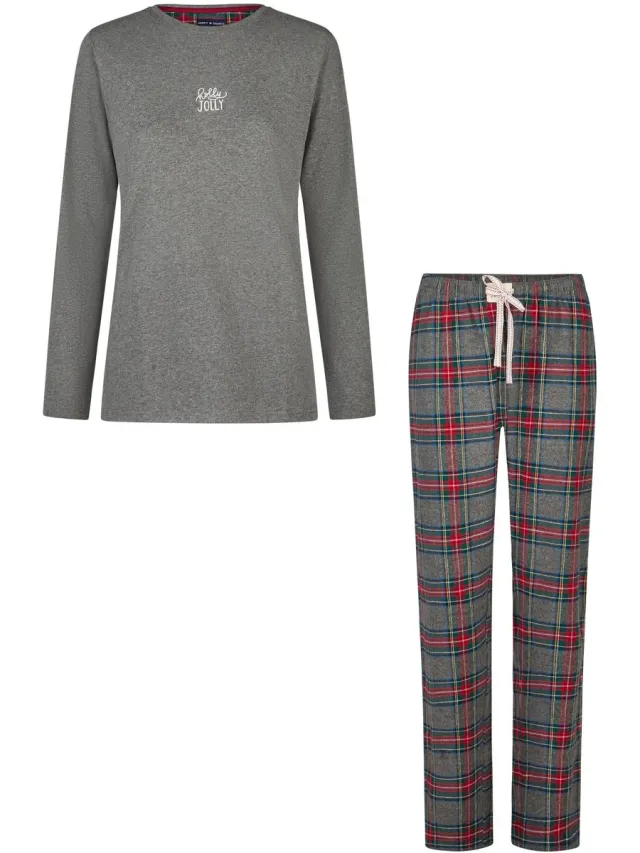 Happy Shorts Dames Kerst Pyjama Set Shirt + Broek Grijs/Rood Geruit Flanel