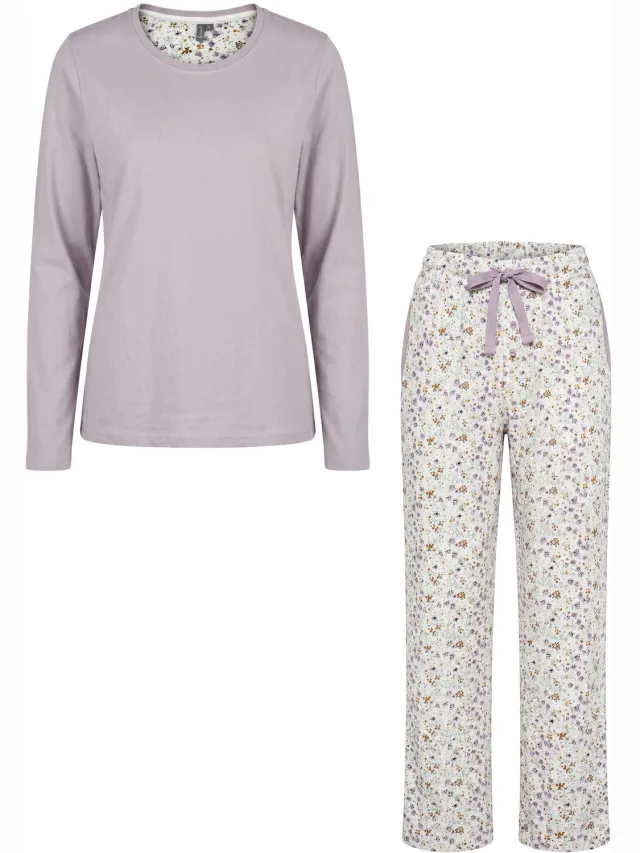 By Louise Dames Pyjama Set Lang Katoen Gebloemd Lila