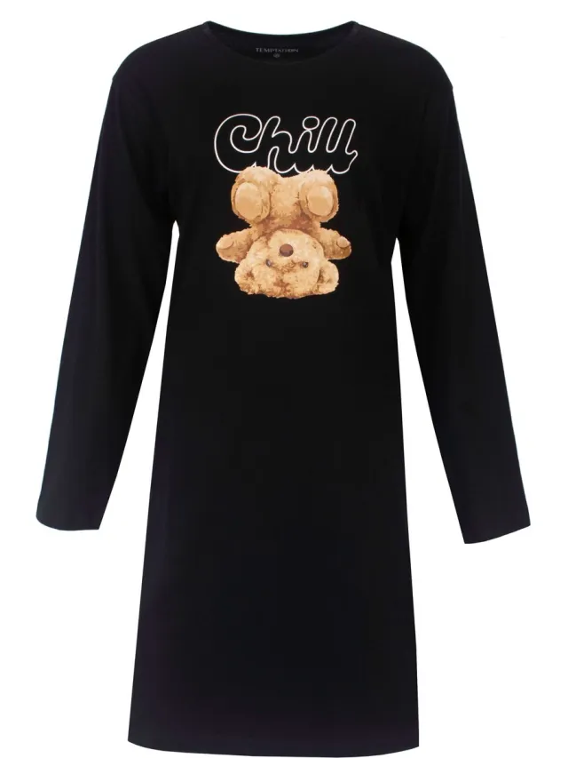 Temptation Dames Big Shirt - Lange mouwen - Katoen - Zwart