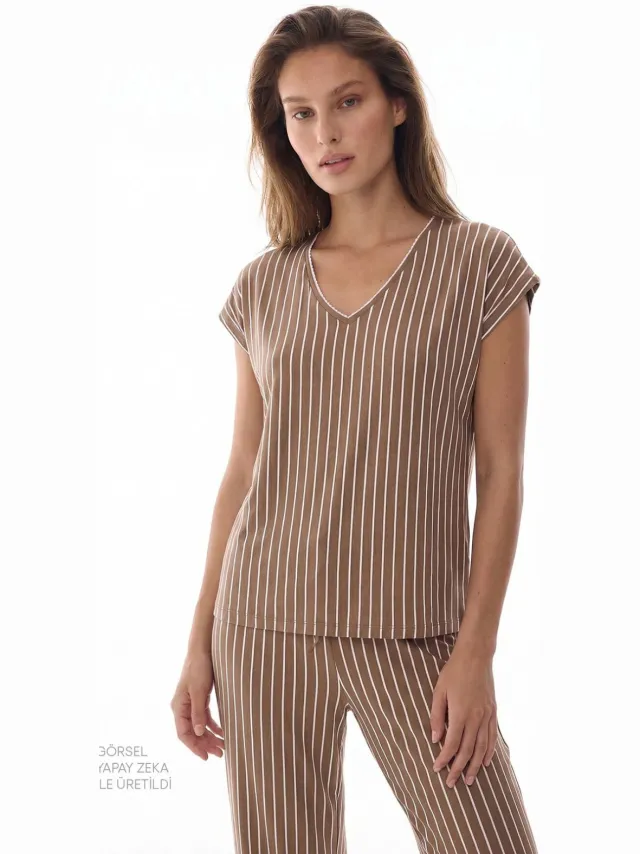 Penti Hera Gestreepte Kant Korte Mouwen Broek Pyjama Set bruin, foto 2