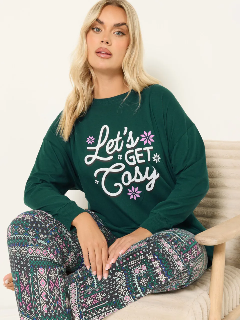 Yours Green 'Lets Get Cosy' Fairisle Pyjamaset Met Wijde Pijpen-44, foto 3