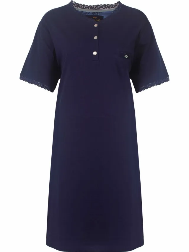 Medaillon Dames Nachthemd - Slaapkleedje - Katoen - Donker Blauw