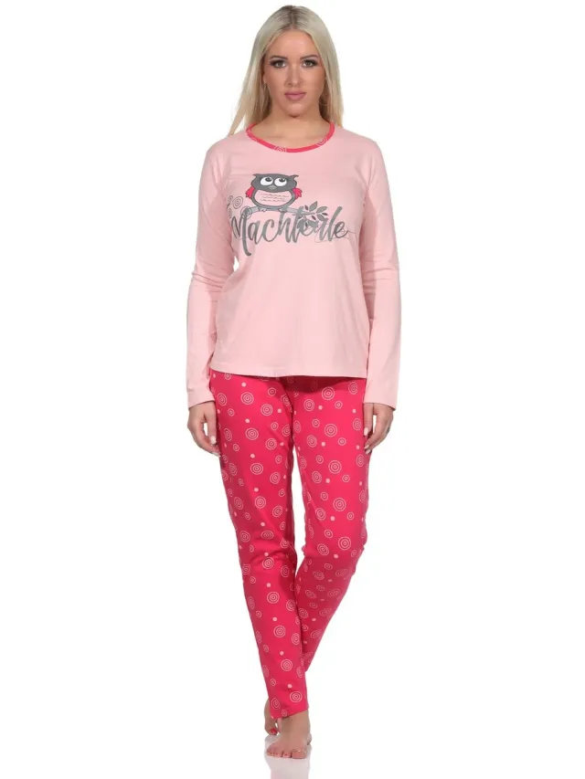 Normann Lange damespyjama met ronde hals en schattig uilenmotief rosa