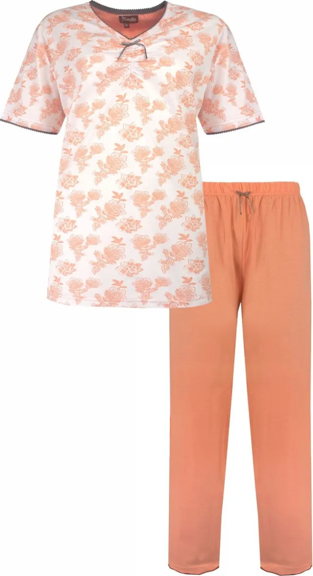 Medaillon Dames Pyjama - 100% Katoen - Licht Oranje Wit