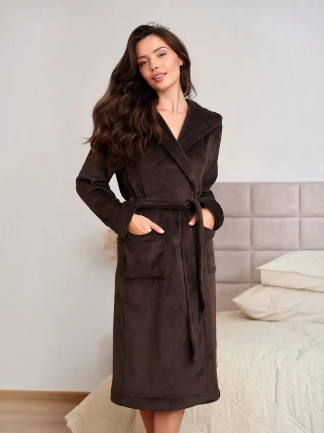 Doctor Nap Fleece Badjas Dames Lang Capuchon Brownie SWW.7548 Bruin