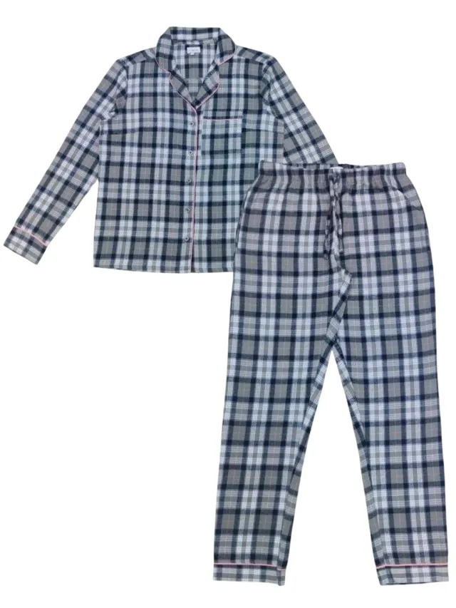 Linea Lange pyjamaset voor dames van katoen met ruitjesmotief en knoopsluiting aan de voorkant (1 stuk) (GRIJS/PINK)
