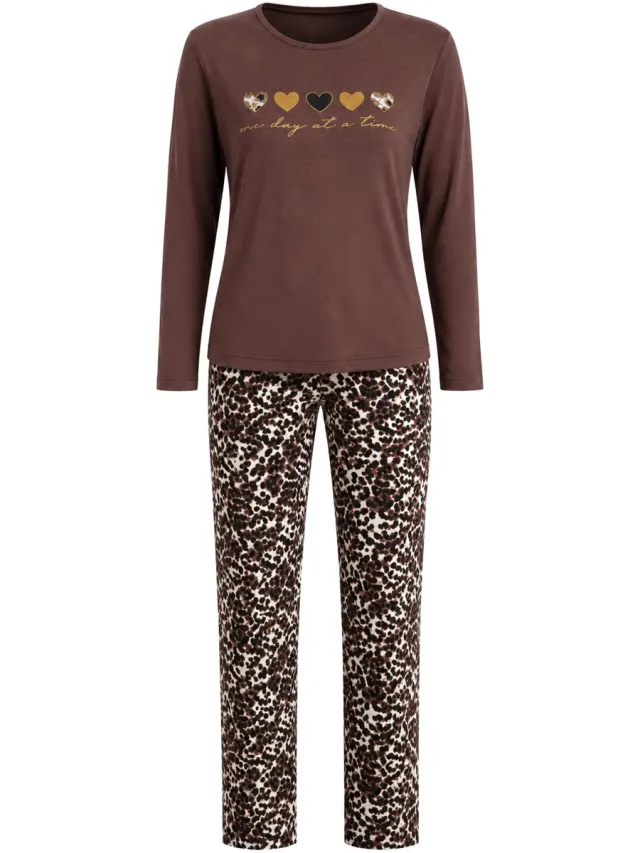 Gionettic Dames Pyjama Lange Mouwen en Lange Broek – Viscose – print – Zacht, Comfortabel en Ademend – Bruin