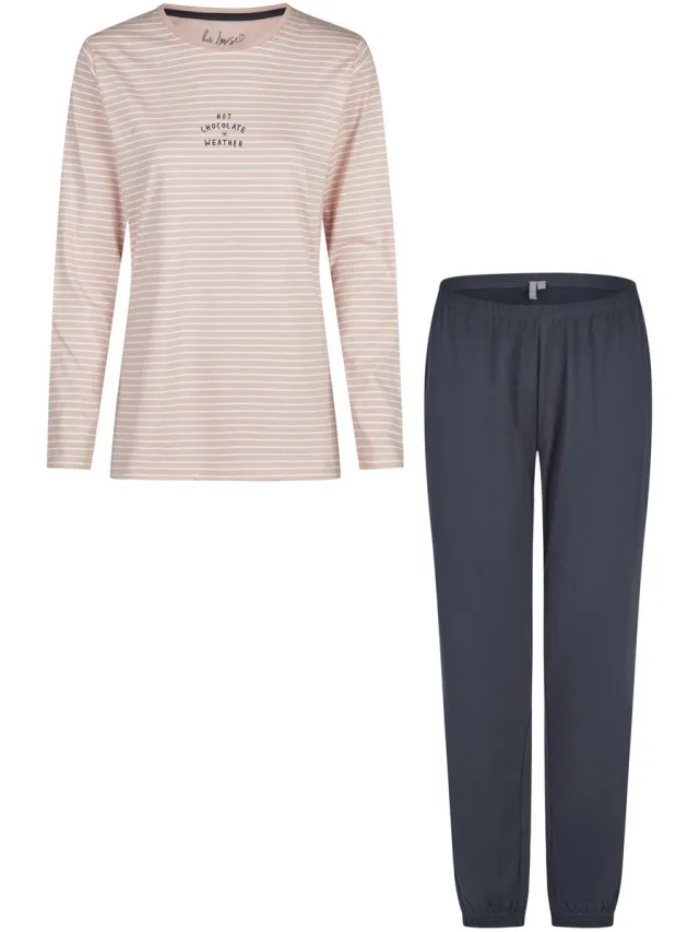 By Louise Dames Pyjama Set Lang Katoen Roze/Donkerblauw Gestreept