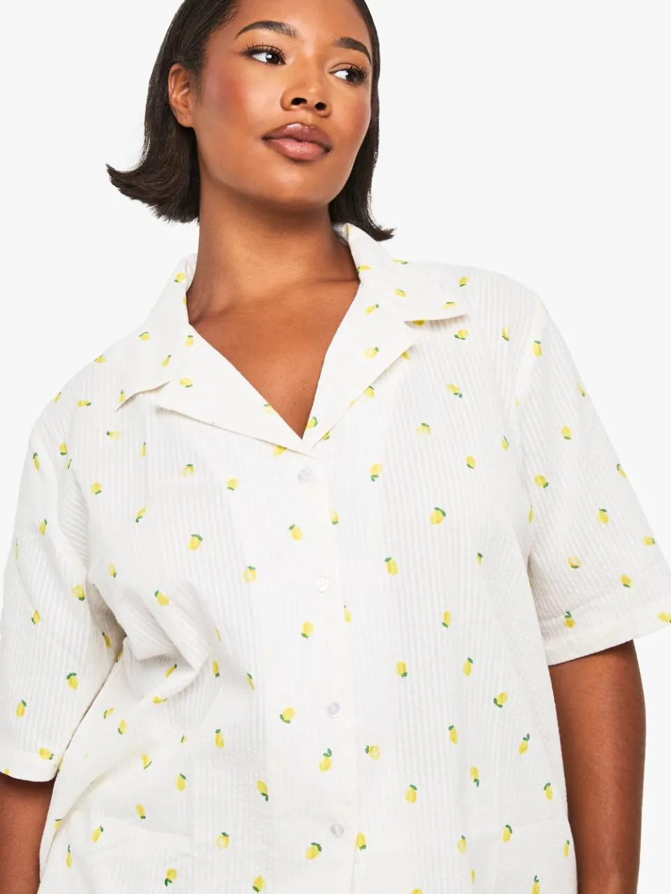 boohoo Dames Plus Lemon Print Waffle Shirt PJ Top wit, foto 4