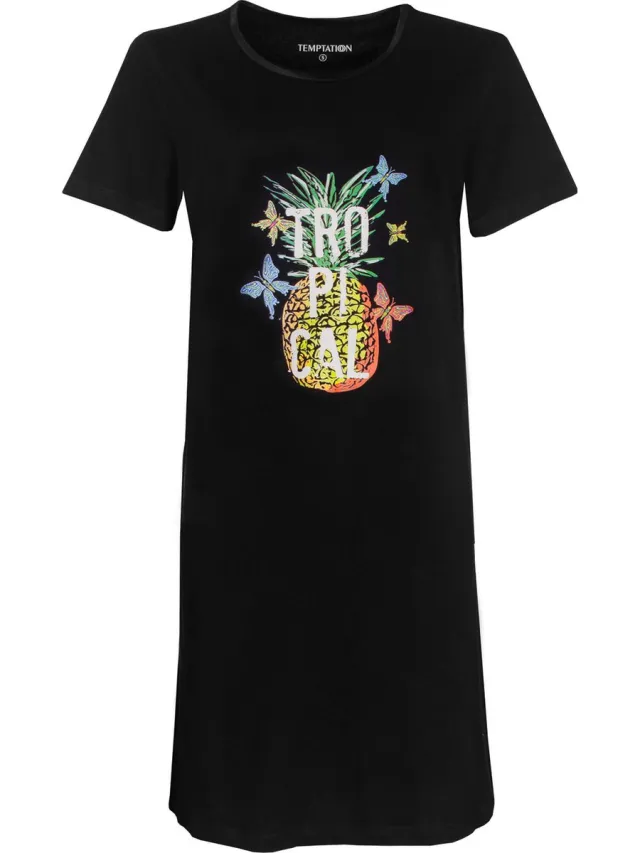 Temptation Dames Nachthemd - Bigshirt - Tropical Tekst - Zwart
