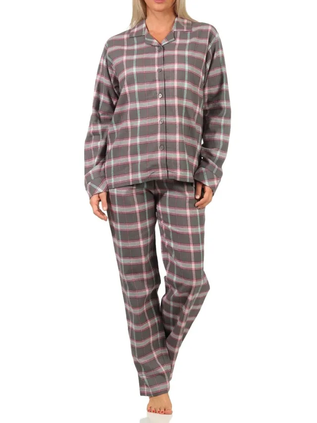 Normann Dames flanellen pyjama plaid met knoopsluiting en overhemdkraag - 222 201 15 851 grau
