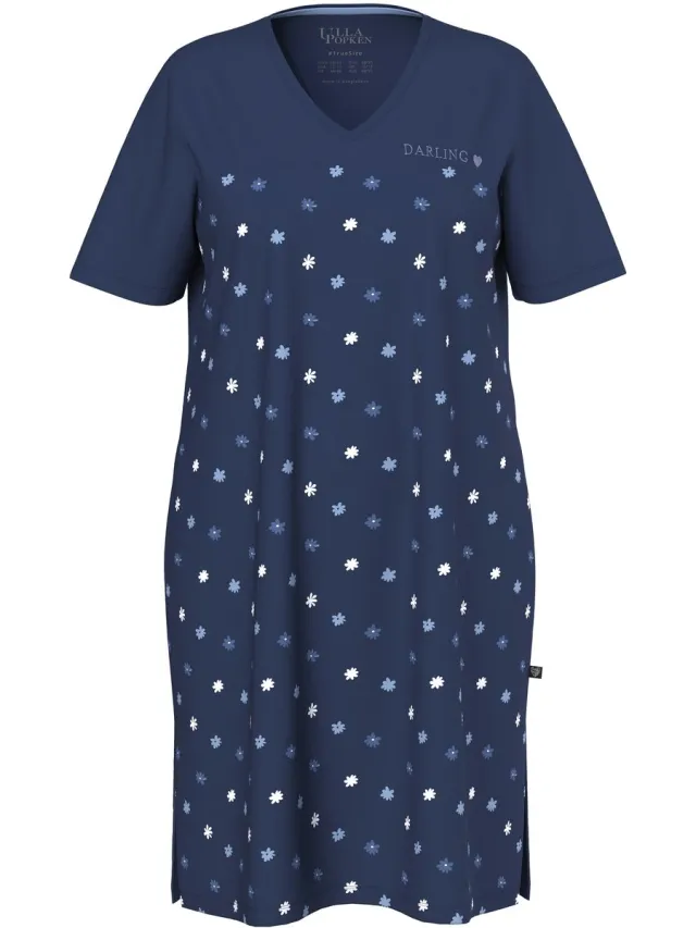 Ulla Popken Dames - Bigshirts bloemen borduursel V-hals korte mouw - Nachtblauw - Maat 42+