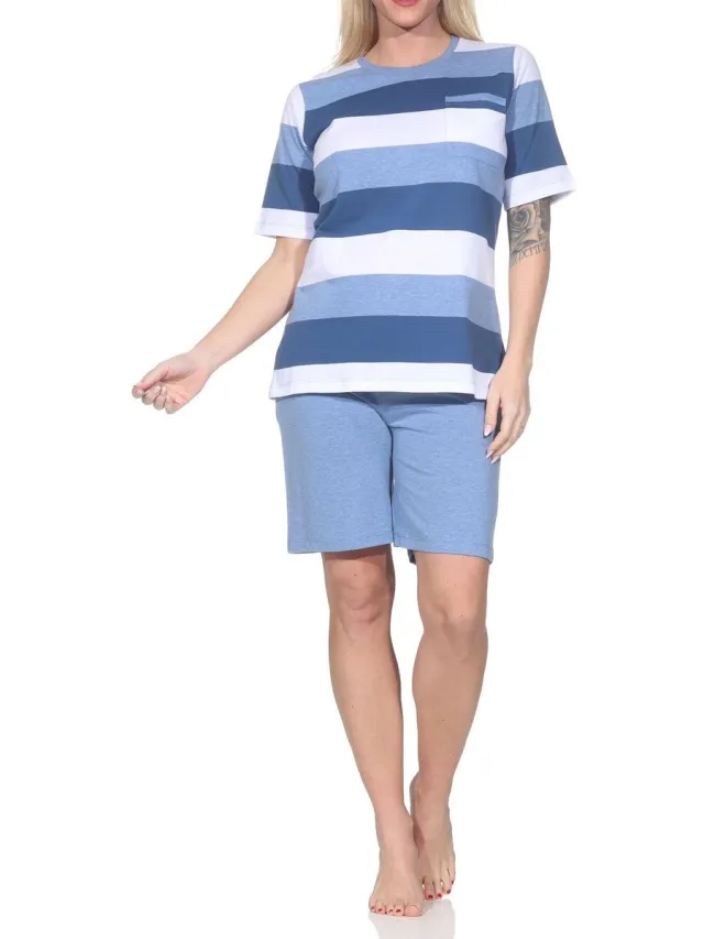 Normann Dames Capri Pyjama Korte Mouwen Blokstreep - Ook in Oversizes blau-mel.