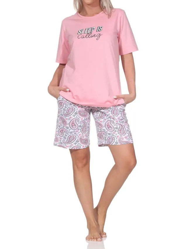 Normann dames shorty pyjama korte mouw met frontprint & paisley ook in grote maten pink