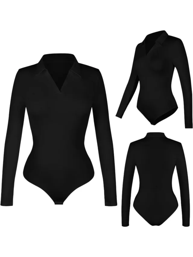 rimmo Dames Bodysuit met Revers en Lange Mouwen – Corrigerende Shapewear Body, Getailleerde Top, Casual Damesmode voor Herfst en Winter - Zwart