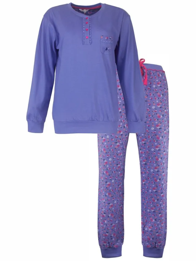 Tenderness Dames Pyjama - Katoen - Polo Sluiting - Paars Blauw