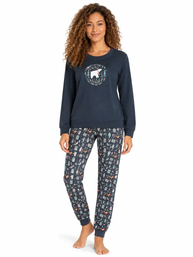 Comtessa Dames Pyjama - Grijsblauw Smokey met IJsbeerprint - 100% Katoen